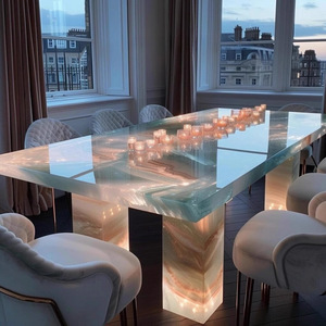 Mesa de comedor de Jade Natural de lujo, mesa de comedor de Isla de gama alta Rectangular moderna con parte superior de mármol de gama alta de Piedra Rosa luminosa - Product Image 4