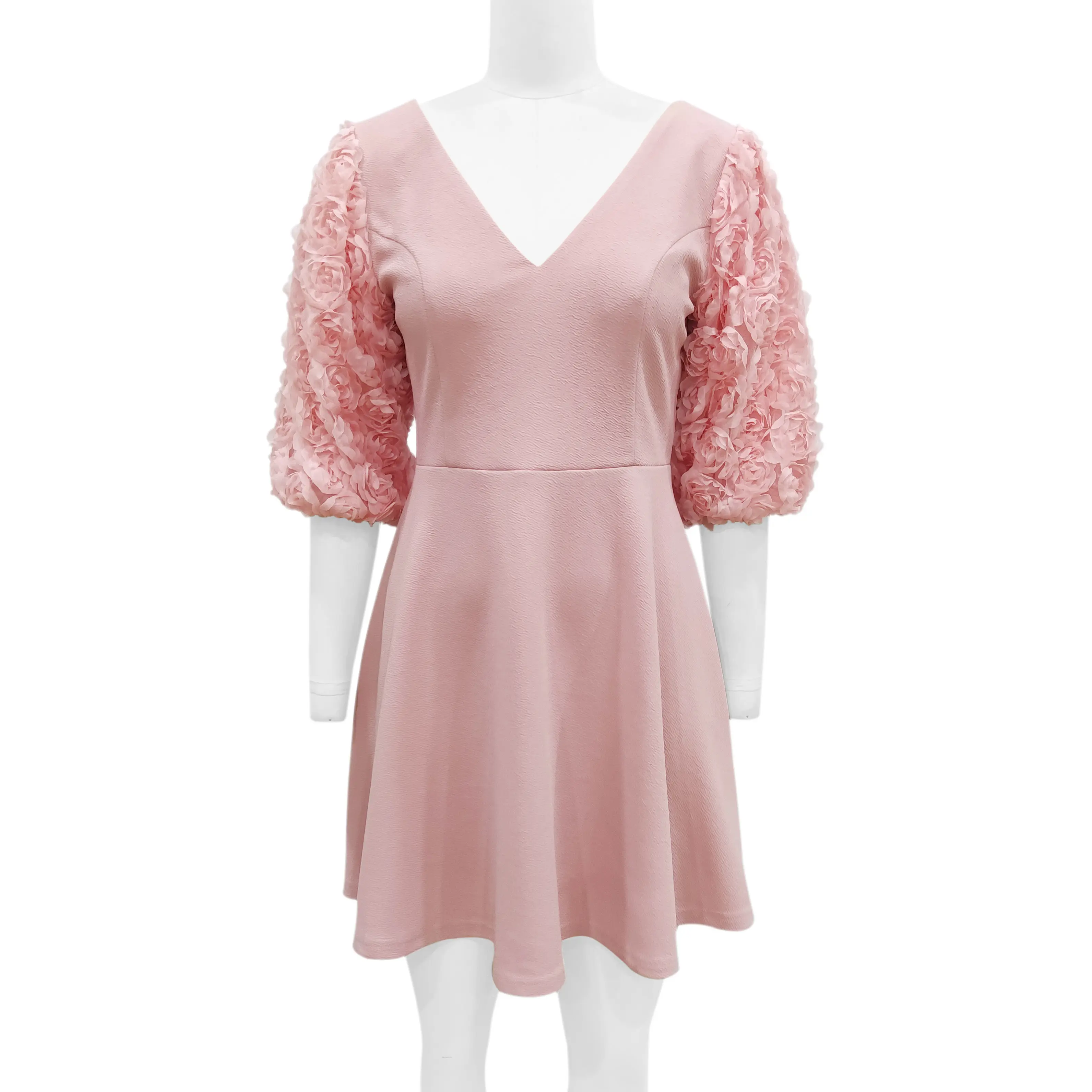 Yunnes Thời Trang 2023 New V Cổ Phụ Nữ Mini Dress 3D Hoa Thanh Lịch Của Phụ Nữ Màu Hồng Dresses