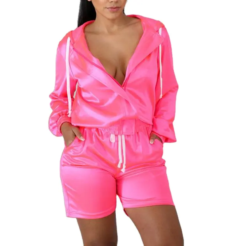 Maxgarment Hot Pink Top Design Senhoras Tricô Zipper Crop Top Sweat 2 Piece Set Tricô Mulheres Em Branco Personalizado Hoodie