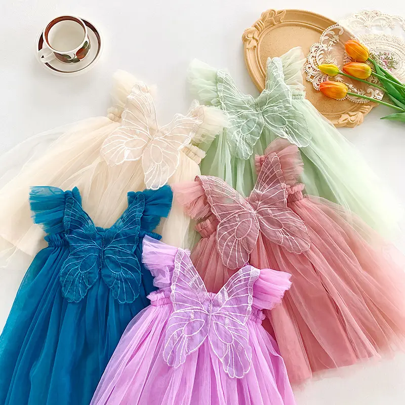 Vestidos de malla con alas de mariposa para niñas, ropa de fiesta de cumpleaños, hada de Color caramelo, con estampado, novedad de verano de 2023