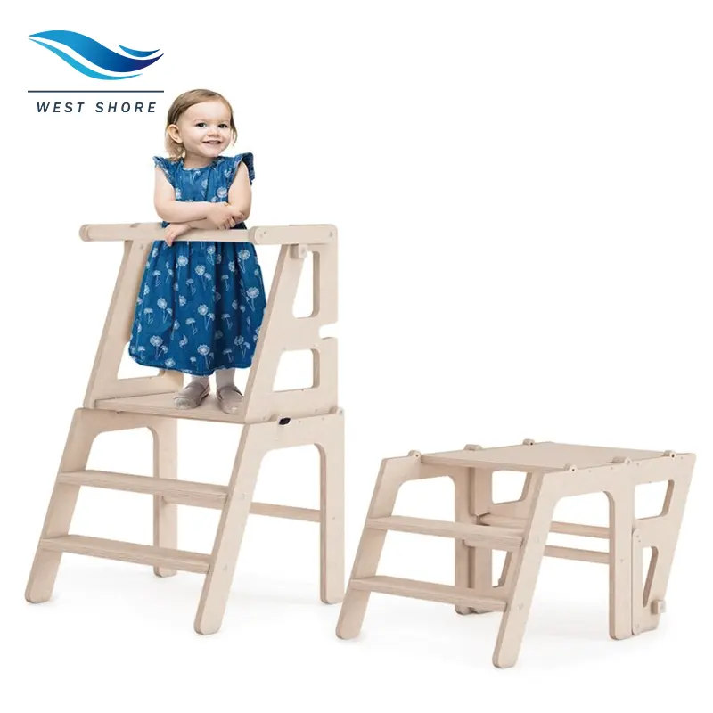 3 Heights Adjustable Bamboo Wood Step Up Learning Stool Mother's Helper Kids Kitchen Step Stool Learning Standing Tower
