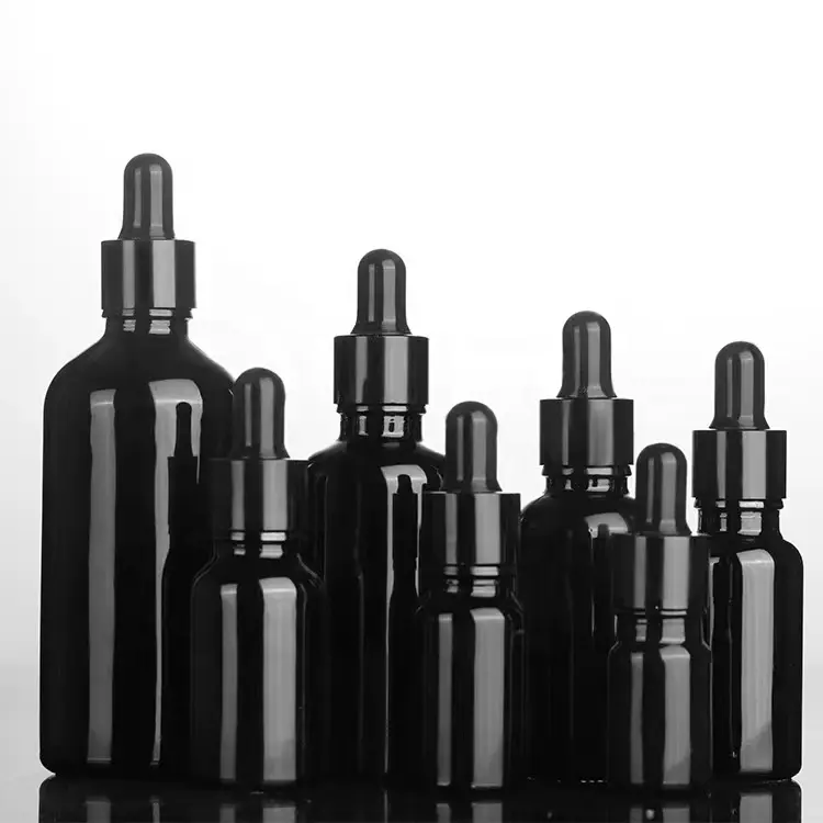 Botella de aceite esencial Boston, frasco con cuentagotas de vidrio de hombro redondo, protege de la luz, color negro puro mate, 10ml, 30ml, 50ml, 100ml