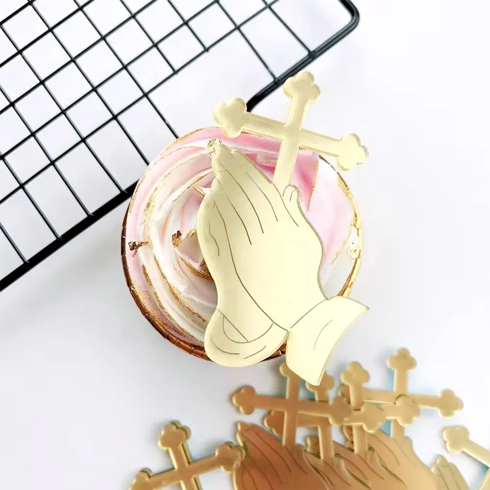 Decorações de bolo espelhado, espelho dourado acrílico cruz cupcake batizado para chá de bebê primeira comunhão suprimentos para festa