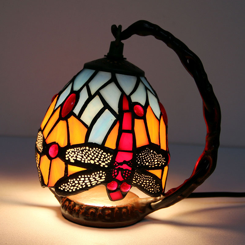 LongHuiJing Antique Tiffany Style Table Lamp  Art Bedside Light Handcrafted Desk Lamps Stained Glass Dragonfly lampshade lights