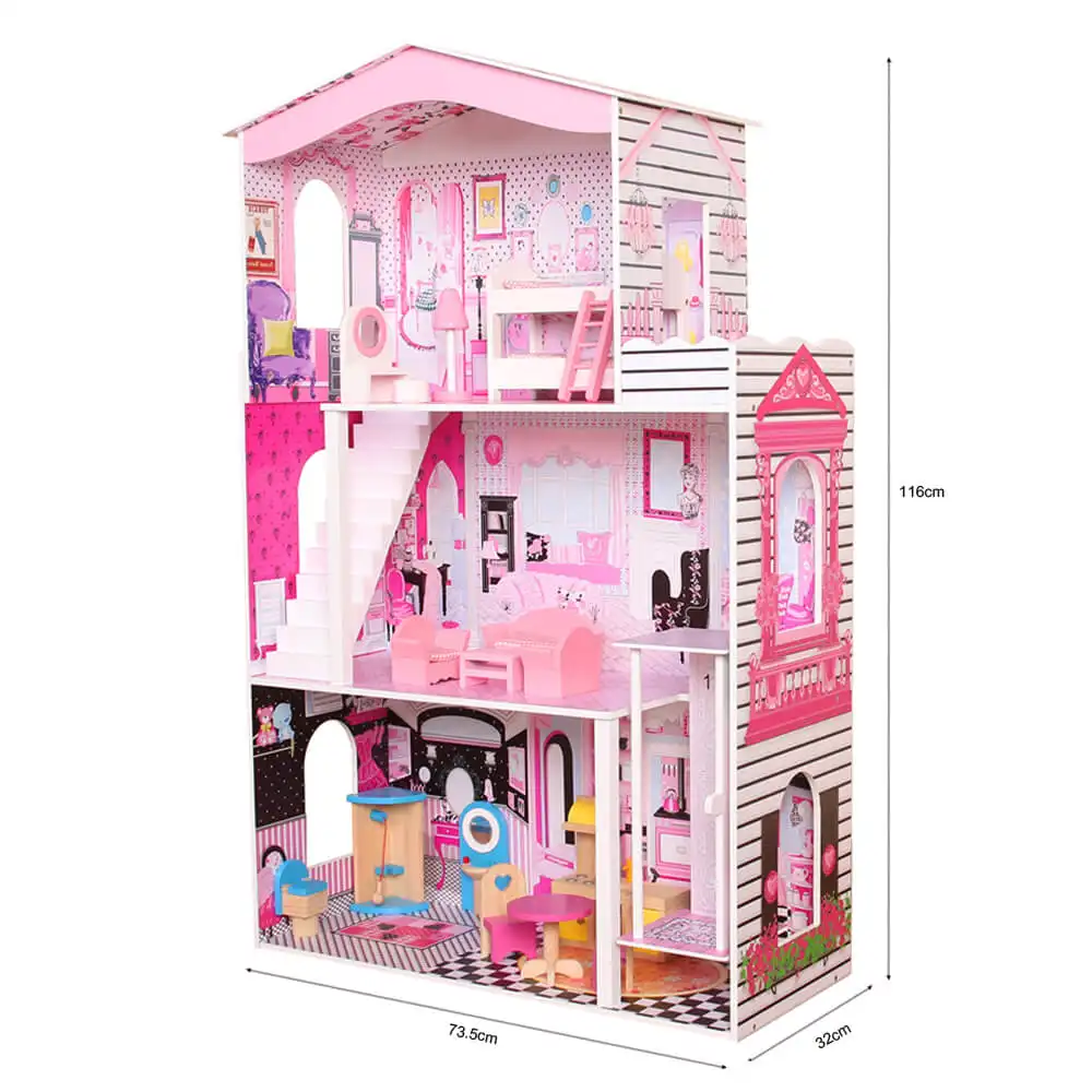 Factory direct sale 3 storeys wooden majestic mansion doll house with elevator and 17pcs miniature furniture fashion dollhouse