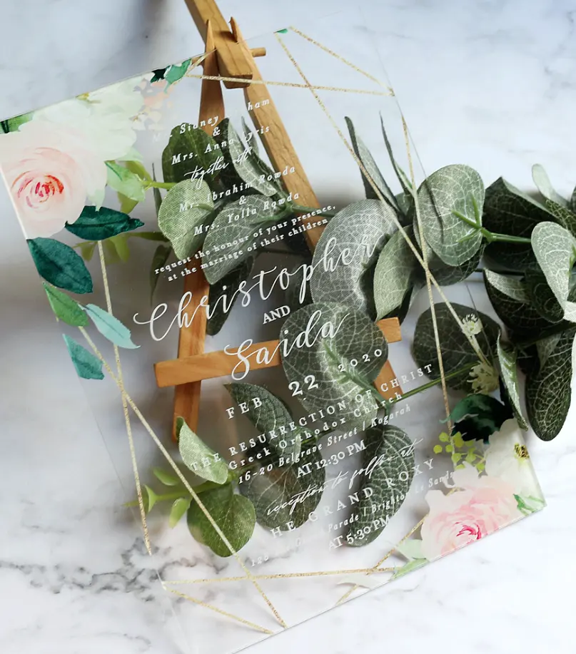Invitaciones de boda de acrílico de cristal esmerilado Floral personalizadas baratas al por mayor con caja