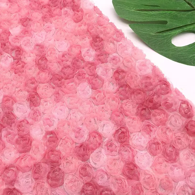 2024 Fabricação 3D 14mm Bordado Chiffon Ribbon Rosette Tecido Sobreposição Rose Flower Tule Bordado Tecido Para Toalhas De Mesa