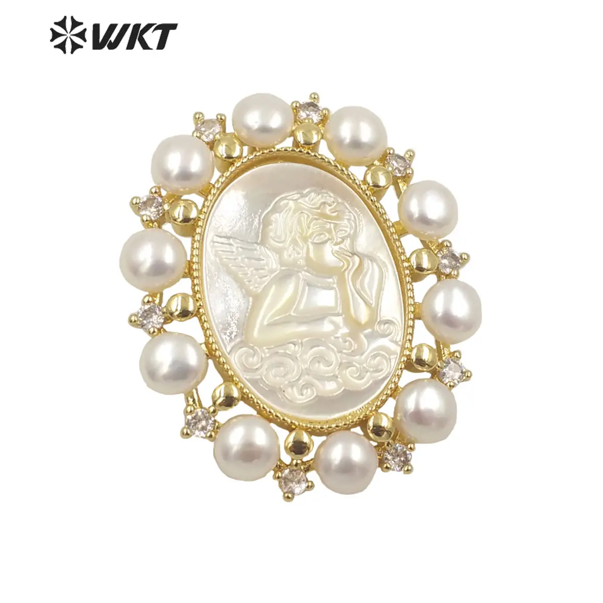 Colgante de Ángel de perla blanca para mujer, WT-JP278 con bisel dorado, micro pavé de Circonia cúbica, concha de Ángel religioso y cristiano, novedad