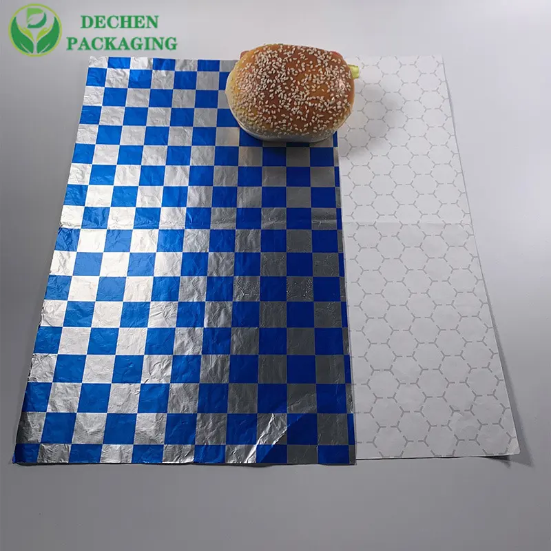 Folie für Hamburger Verpackung Benutzer definiertes Geschenk papier Lebensmittel Lebensmittel verpackungs blatt Kunden spezifisches weiches CMYK-beschichtetes Silber aluminium blech