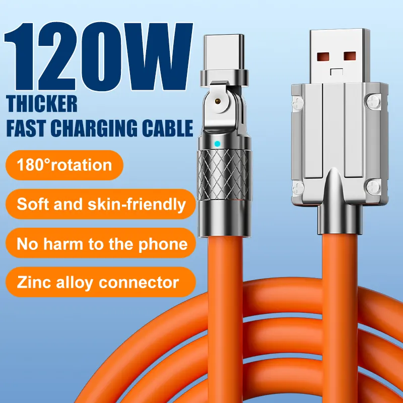 Rotatable Super Fast Charging Cable 120W 6A Game Fast Charging Cable For Samsung Xiaomi USB Liquid Silicone Data Line