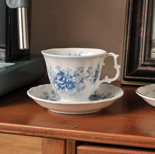 British style blue rose cup and saucer with coffee spoon