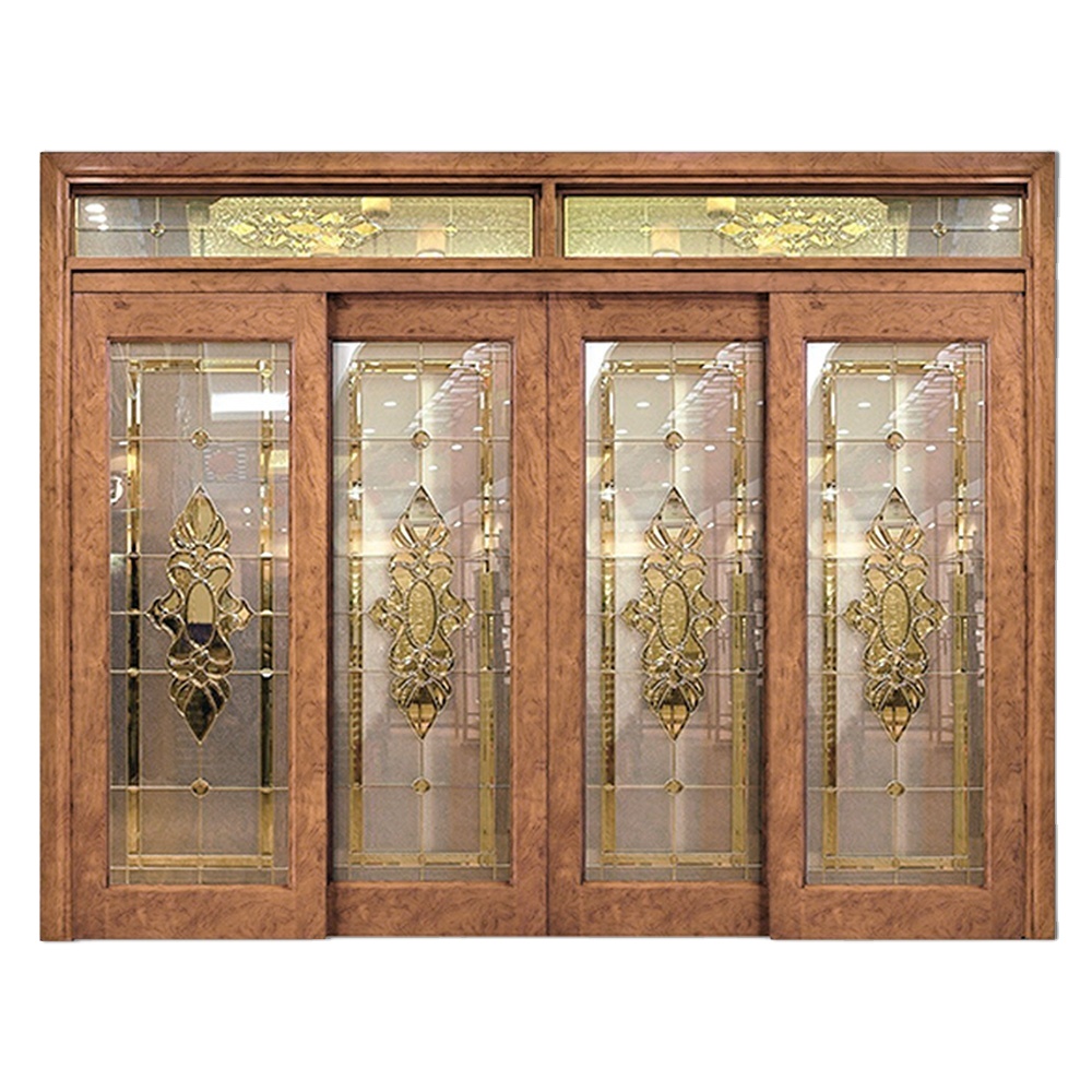 prehung finished surface Mahogany Luxury Modern design four panel interior wooden glass sliding doors