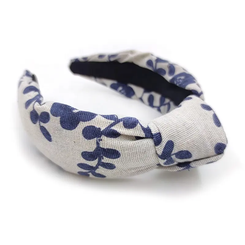 Shenglan-Diadema con nudo de ciruela azul para mujer, bandana con estampado de lino y algodón personalizado, bandanas forradas Vintage elásticas en la parte superior