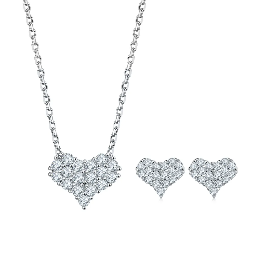 RINNTIN SMN35 Set di gioielli in argento Fine collana con ciondolo a cuore Moissanite e Set di orecchini gioielli da sposa