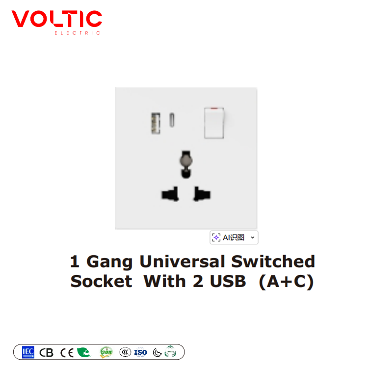 Switched 3 pin universal socket with A+TYPE C port