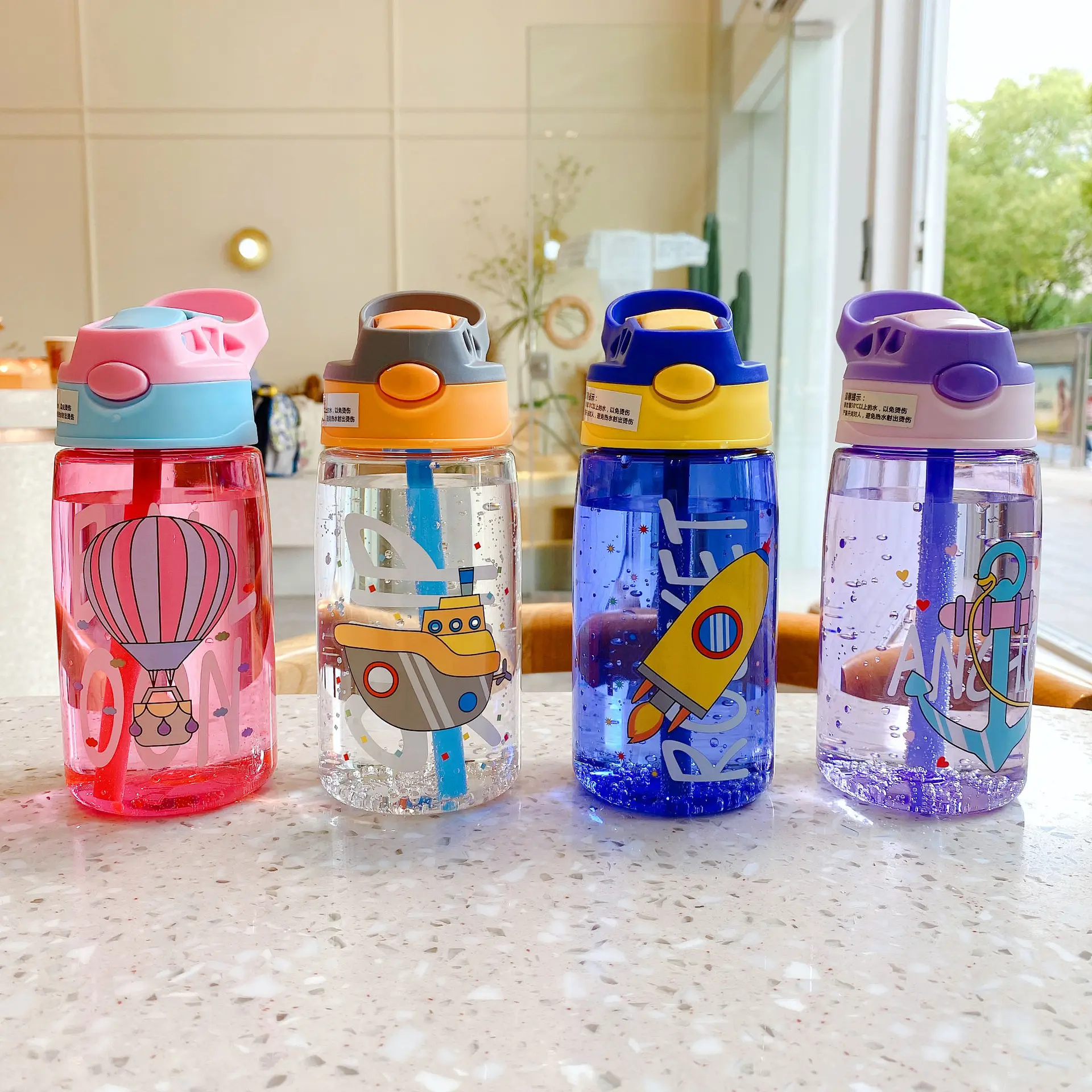 Portable Leak Proof BPA Free 480ml Transparente Clear PC Cute Cartoon Plastic Kid Feeding Sippy Straw Water Bottle Com Straw Lid
