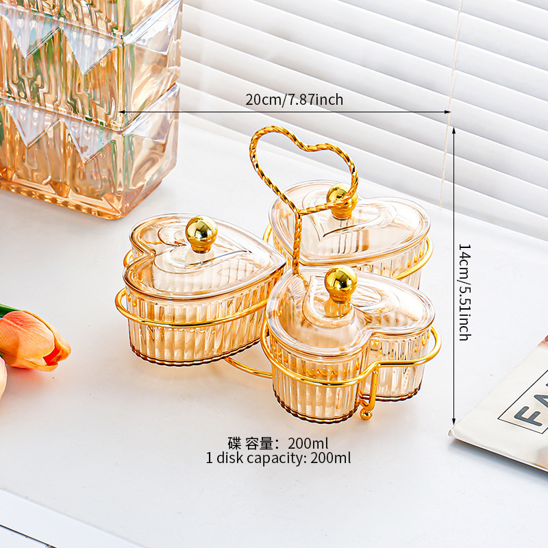 Amber 3-compartment heart-shaped dish holder with gold beads