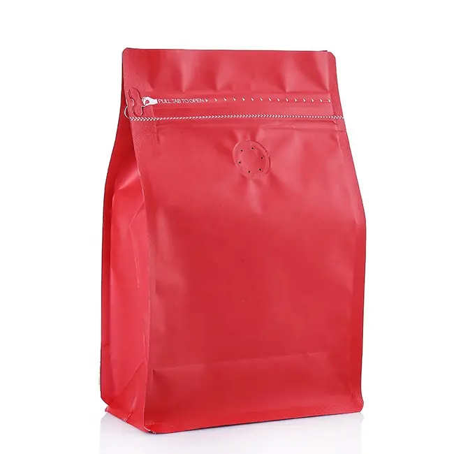 Bolsa de embalaje de fondo plano para comida, cierre con cremallera, 250 gramos, 8oz, color rojo mate, con válvula de liberación de aire para café en polvo
