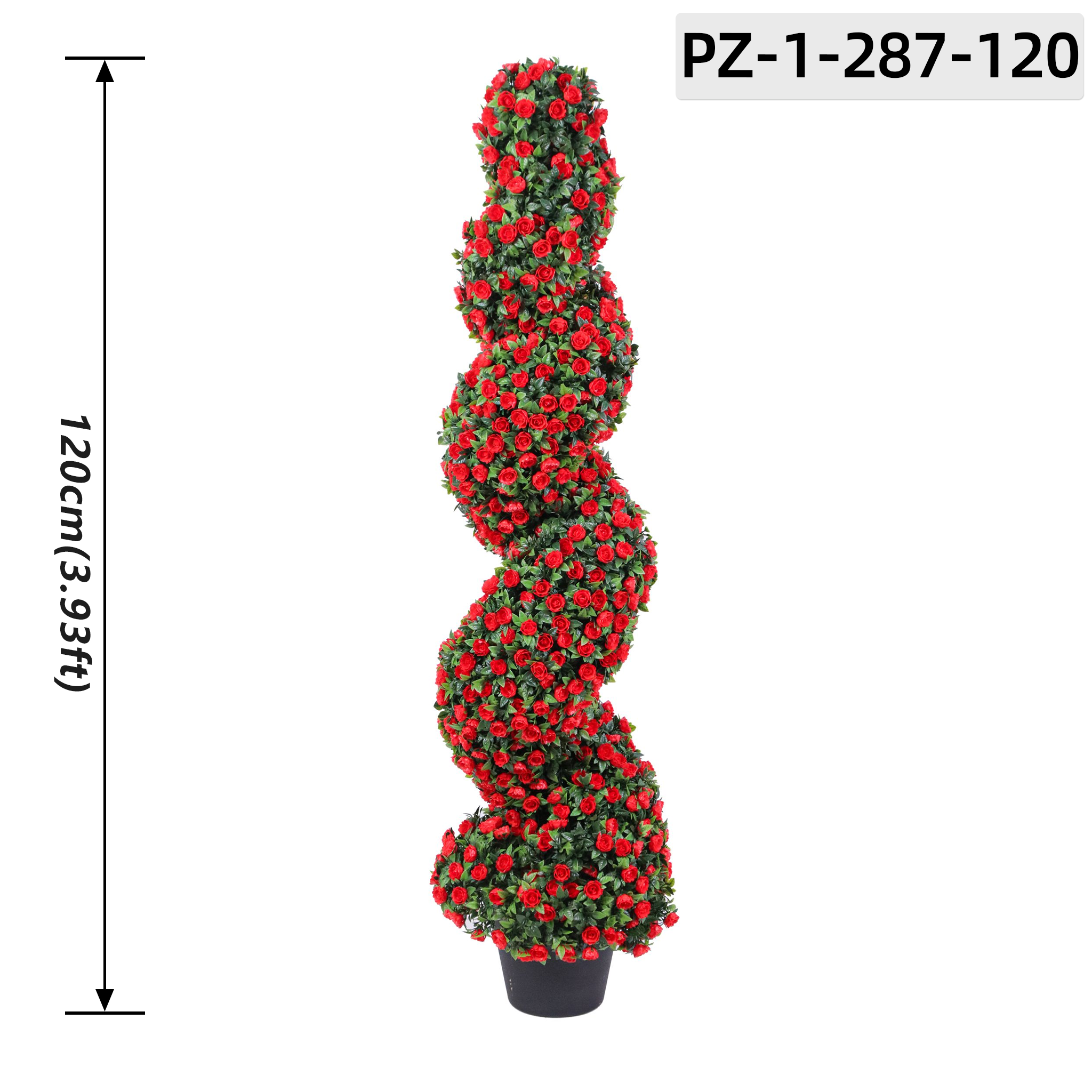 Green with Red Rose Floral Short Spiral Topiary (120cm / 3.93ft)
