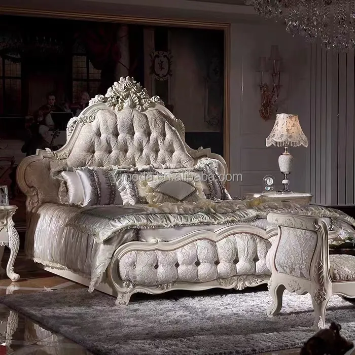Juegos de muebles de dormitorio de lujo con diseño de cama victoriana europea, cama king size blanca, cama victoriana blanca antigua Doble