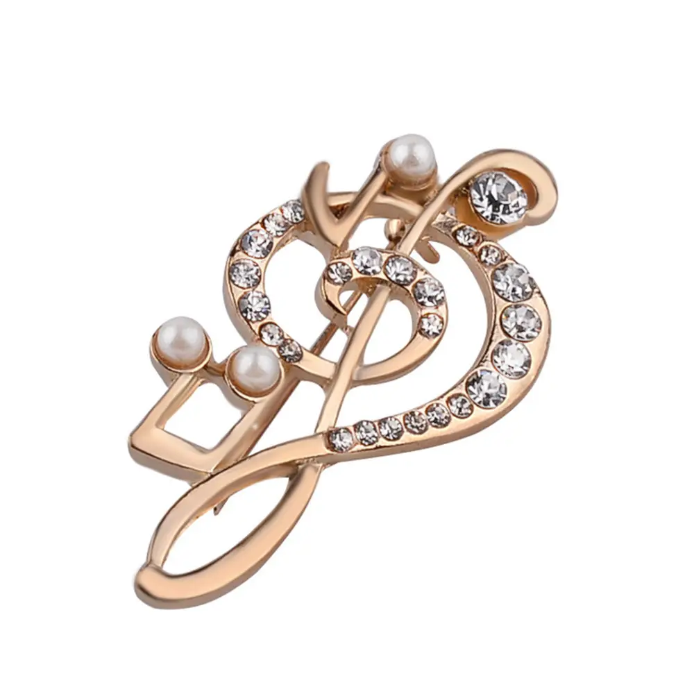 Delicado diseño hueco chapado en oro de 14 quilates para mujeres y hombres decoración Pin perla Rhinestone incrustaciones nota musical símbolo joyería broche