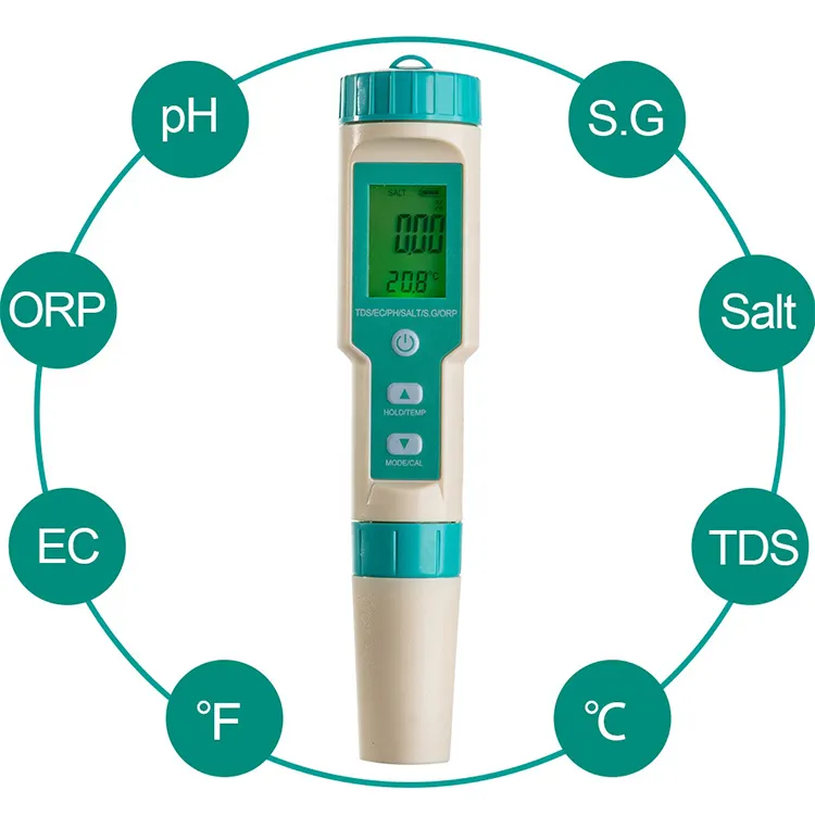 Dijital taşınabilir 7 in 1 pH orp tuzluluk TDS/EC/sıcaklık ölçer çok fonksiyonlu su kalitesi test cihazı