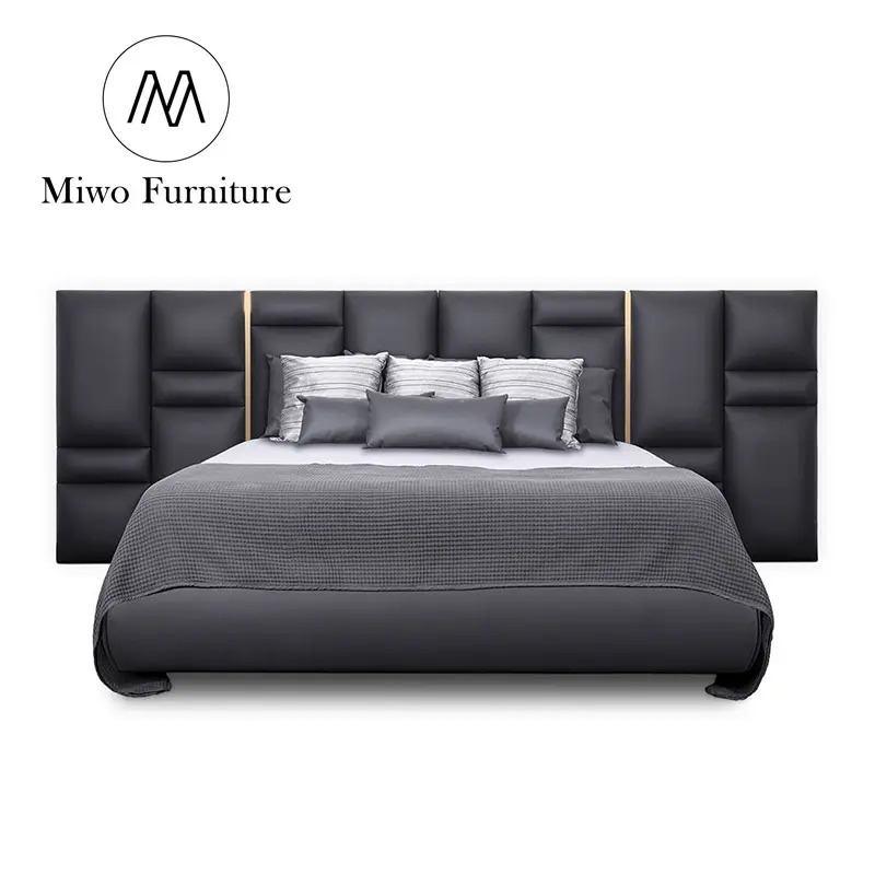 Lit double moderne King en cuir noir Grande tête de lit de luxe Chambre à coucher Queen Size Meubles de maison Lit double d'hôtel avec étoile