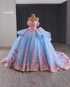 QUEENSGOWN zarif pembe mavi Quinceanera akşam balo sevgiliye off-omuz parti elbise 3d çiçek kadınlar gece elbisesi