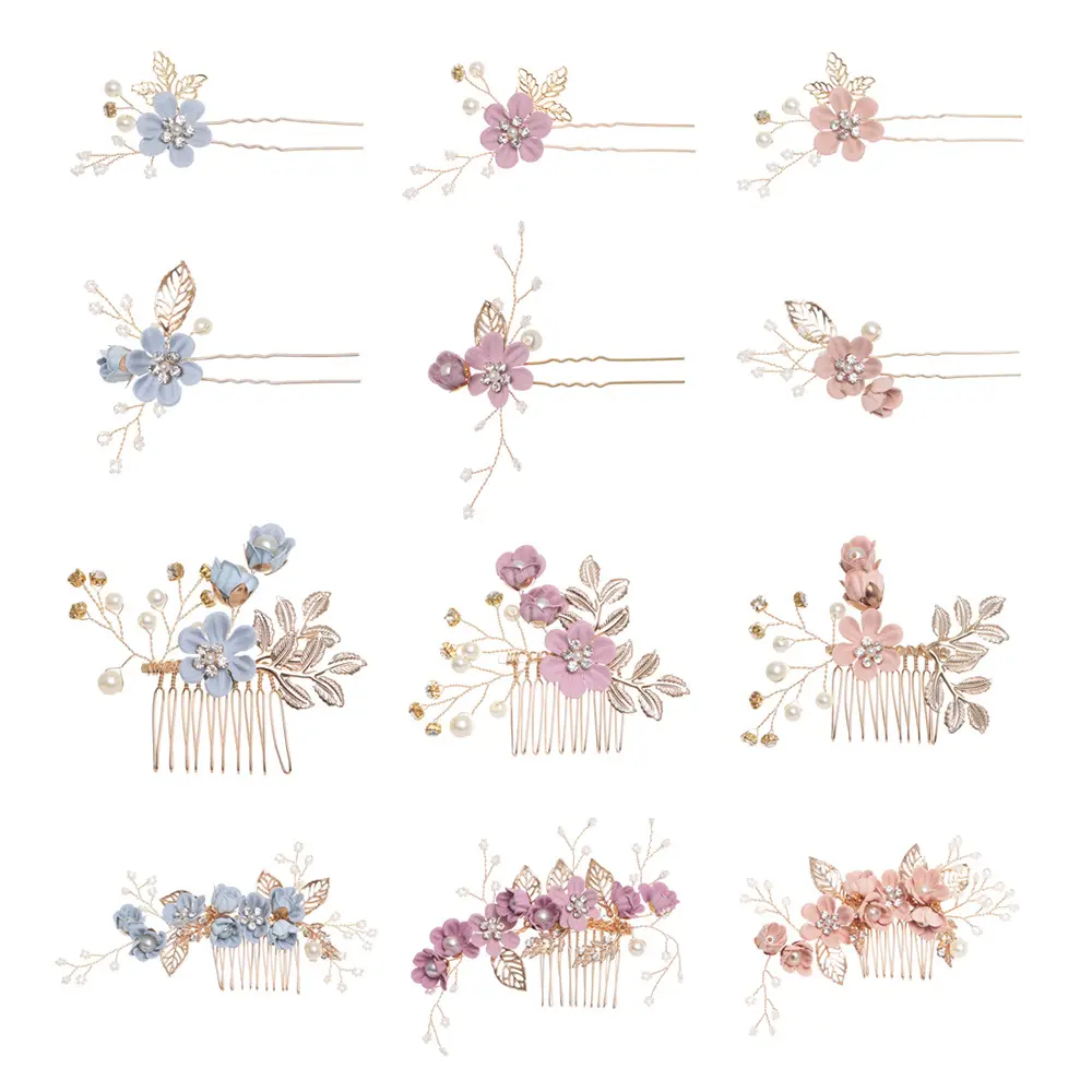 Peines laterales para el cabello de boda con flores decorativas azules + Horquillas para el cabello con forma de U + Horquillas para el cabello con perlas torcidas