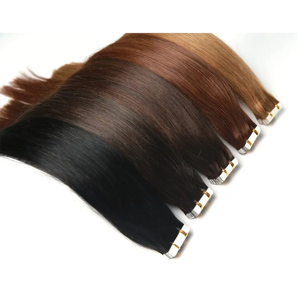 Venta al por mayor de pelo indio crudo natural cinta doble dibujado 12a grado europeo virgen Remy cinta en extensiones de cabello 100 cabello humano