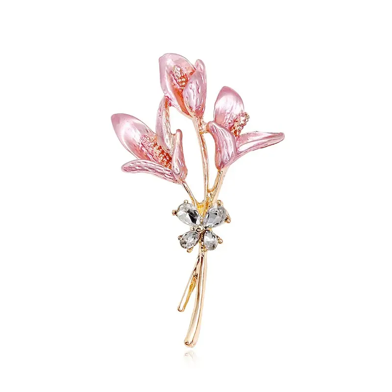Elegant Pink Lily Flower Brooches For Women 2023 New Rhinestone Brooch Pins Jewelry Clothing Accessories