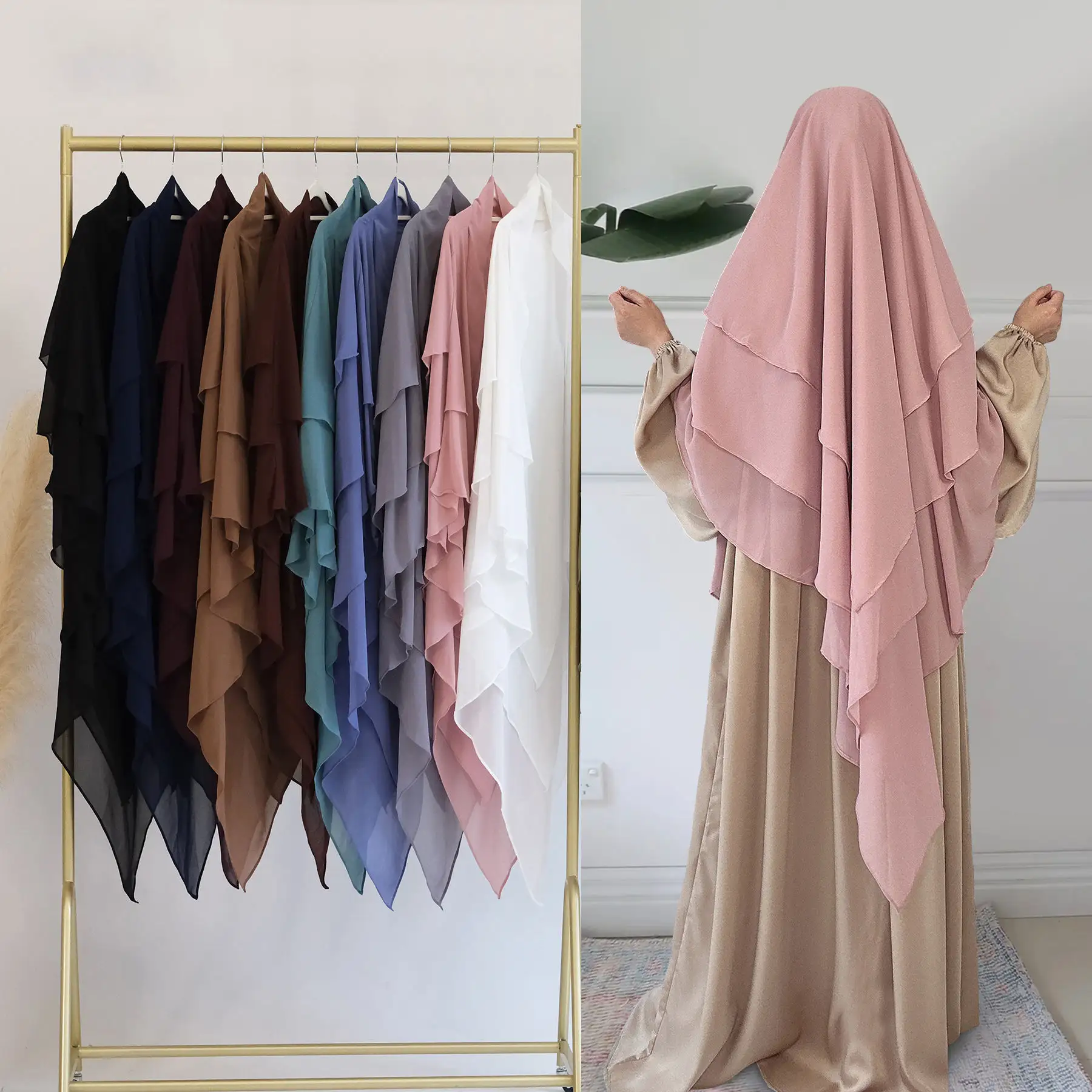 Traditionele Kleding 3 Lagen Chiffon Islamitische Hijab Vrouwen Moslim 170 Kleuren Hijab Khimar