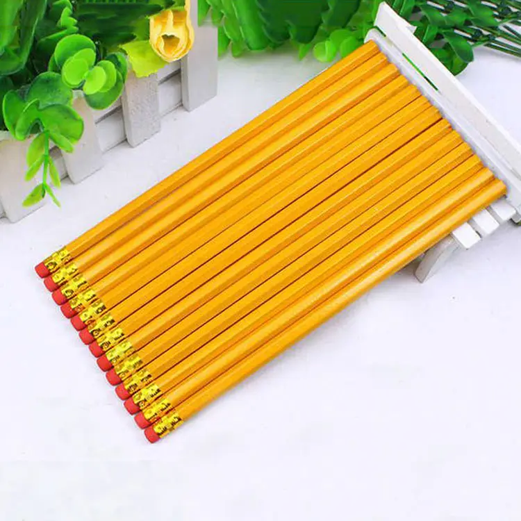सस्ते थोक पेंसिल वापस स्कूल इस्तेमाल किया पीले लाल रबड़ के साथ षट्भुज एचबी लकड़ी पेंसिल