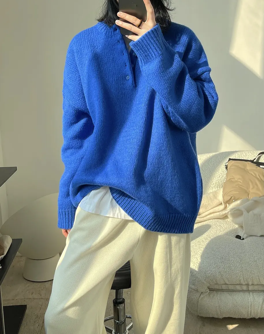 OEM factory unisex oversize pullover sweater O-neck blue large size loose long sleeve thickened wool soft pullover basic sweater
