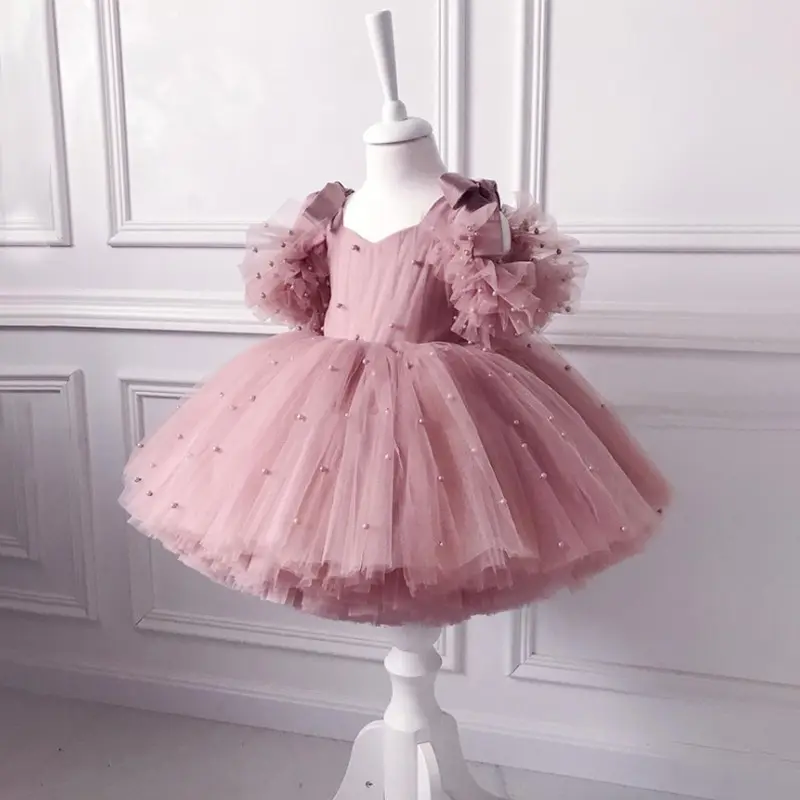 Robe Tutu d'été pour princesse et enfants Robe de fête pour mariage de 1 à 5 ans Robes d'anniversaire pour fille Costumes avec nœud perlé Robe en dentelle