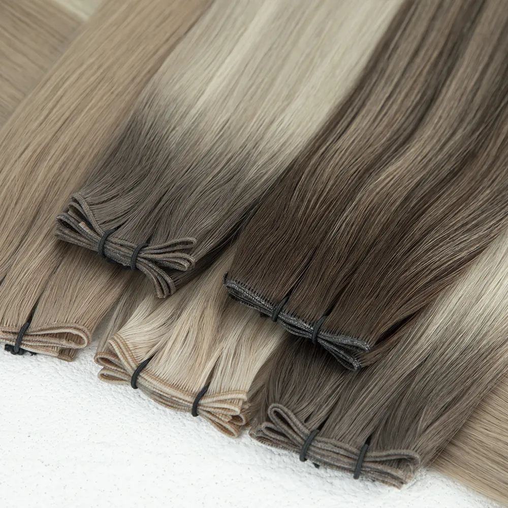 Nieuw Ontwerp Handgebonden Wefts Onzichtbare Platte Inslag Weven Menselijke Hair Extensions Leveranciers Naadloze Geniale Inslag