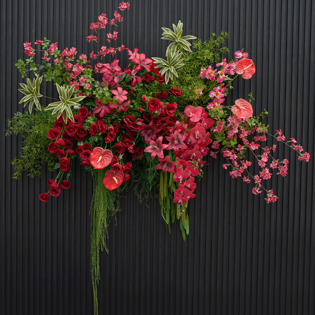 Maquillage rouge pour mariage, roses iris, grandes fleurs suspendues de 16 m.