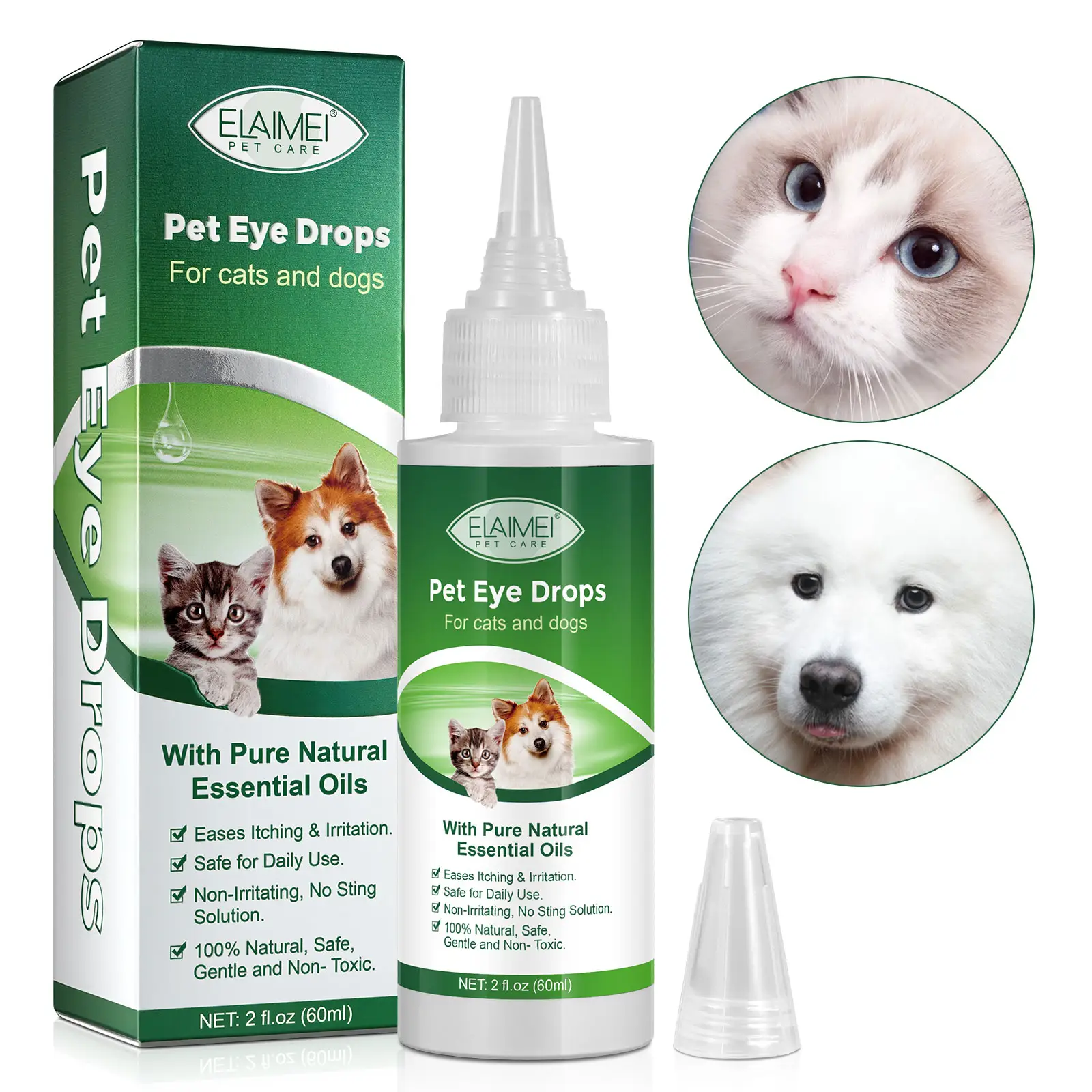 ELAIMEI Etiqueta Privada natural suave alivia la picazón irritación antiséptico gato ojo lavado gotas, removedor de manchas de lágrimas para perros