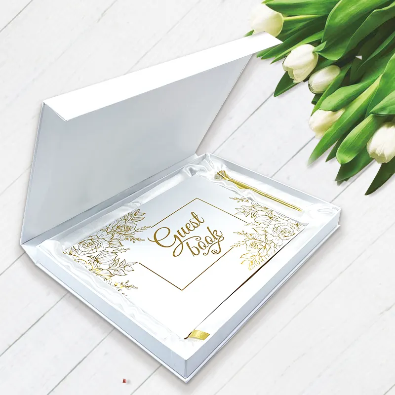 Álbum de fotos personalizado de lámina dorada, libro de invitados de boda con caja de recuerdos