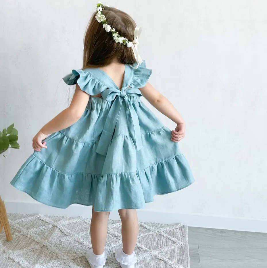 Vestito da bambina in lino vestito estivo da compleanno con maniche svolazzanti per ragazze abiti da festa per bambine