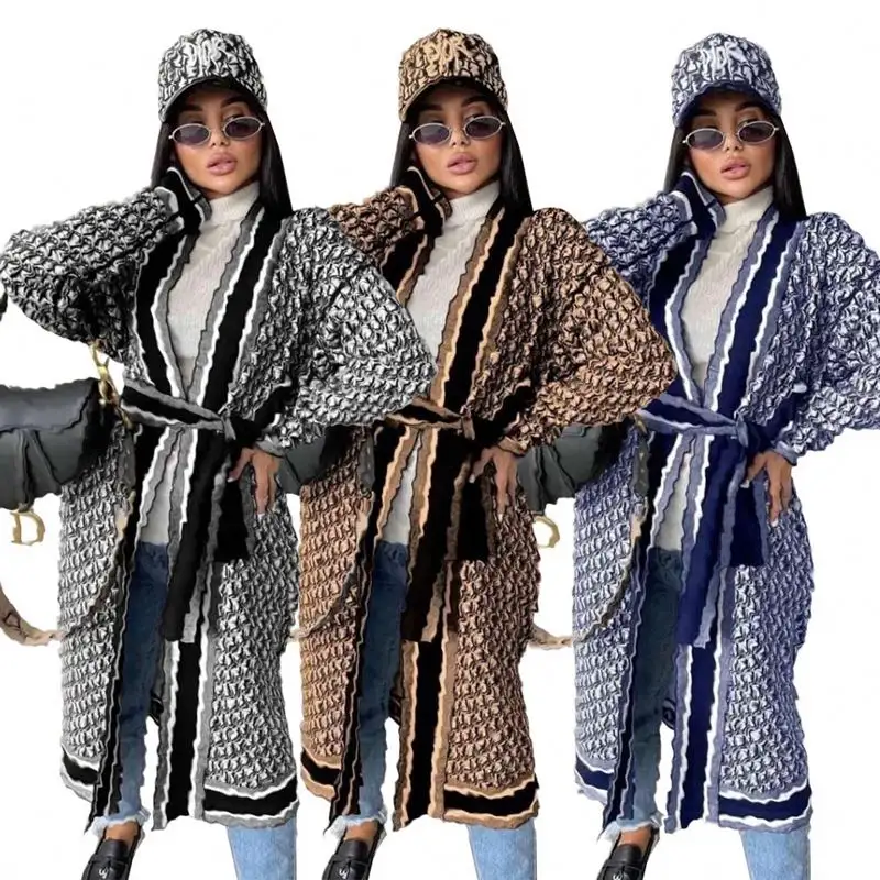 Novo estilo roupas marcas famosas Impresso Espessado Long Sleeve Belt Long Coat roupas de inverno para as mulheres roupas de luxo