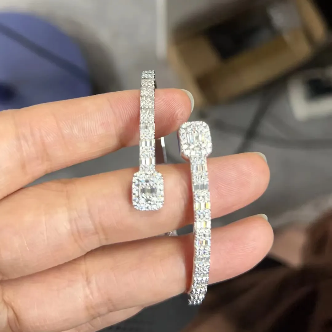 De Fine Jewelry 925 perak murni Iced Out VVS Baguette gelang Moissanite berlian persegi rantai Kuba untuk pria wanita