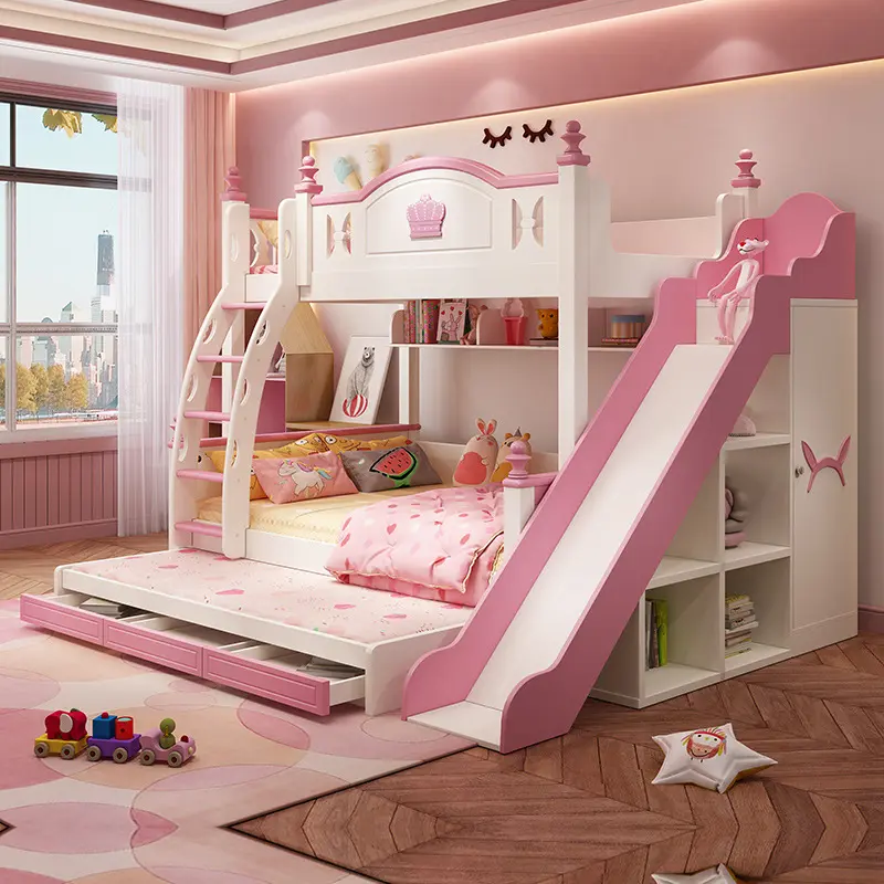 Litera con escaleras para niños, mueble de dormitorio infantil con tobogán