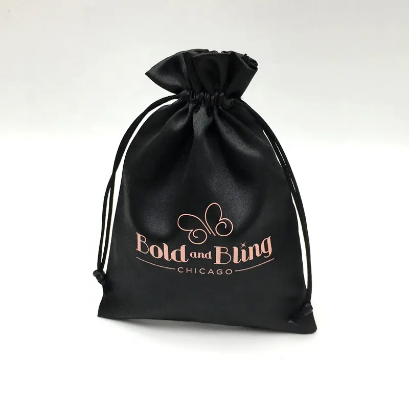 Bolsa de Peluca de embalaje de extensión de pelo con cordón de tela satinada impresa con logotipo personalizado reciclable