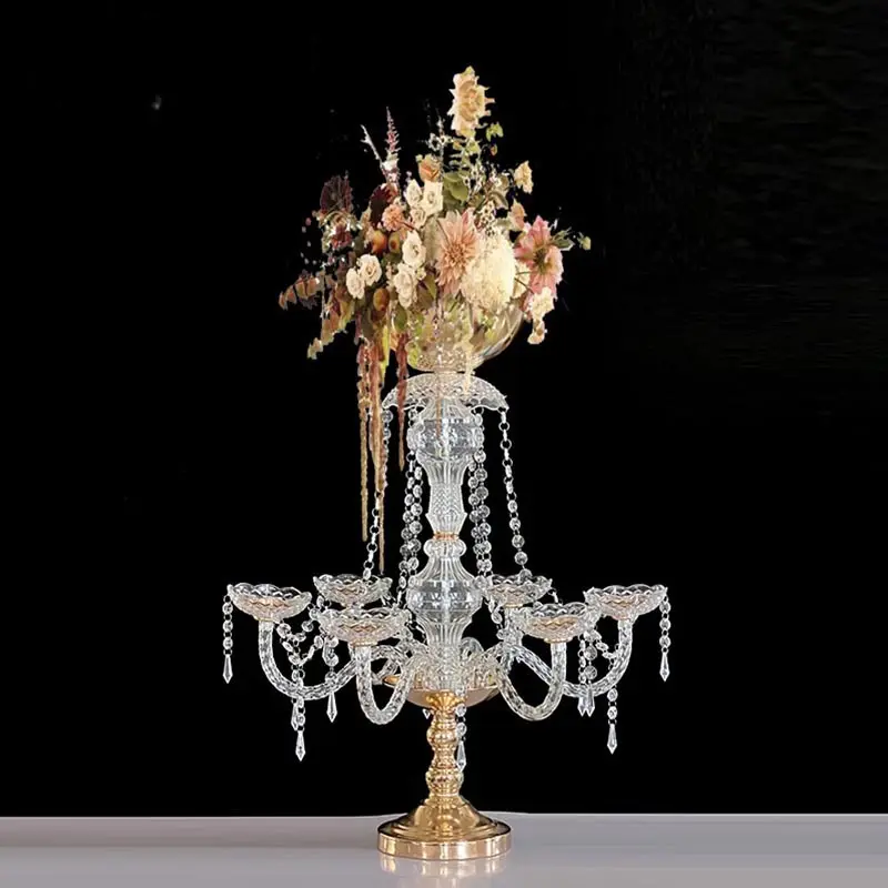 Bougeoir acrylique à 5 bras avec support de fleurs et rideau de perles tiges d'or chandelier clair décoration de pièce maîtresse de table