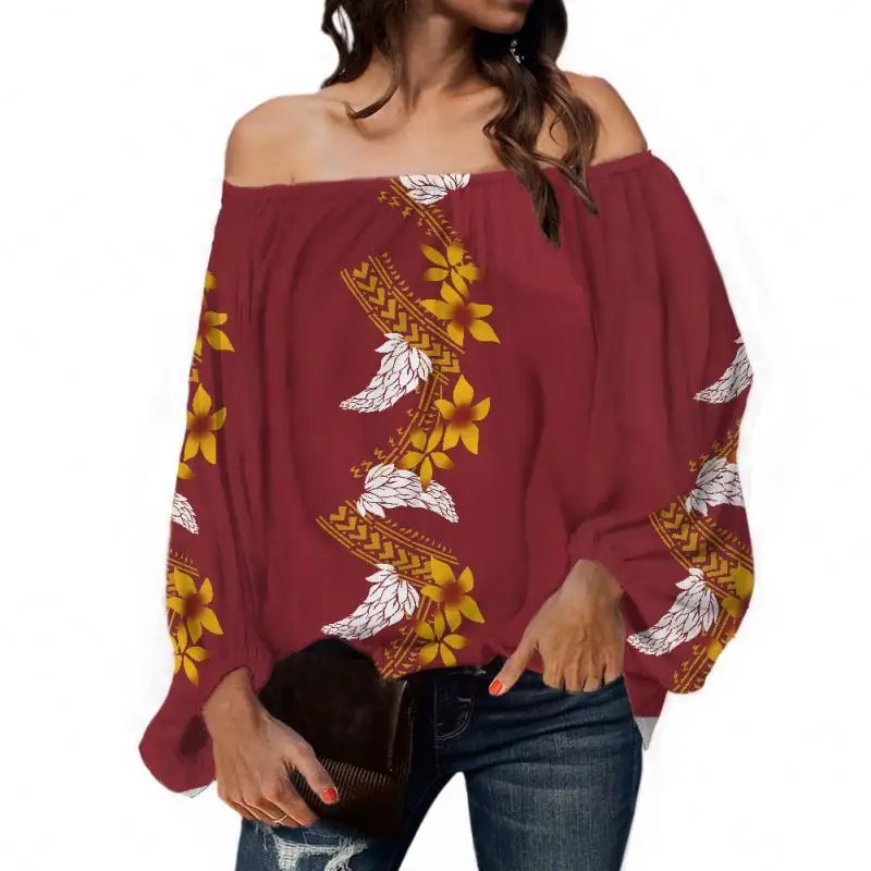 Hot Polynesian Hibiscus Flower Gedruckt Schulter Großhandel Custom LOGO Damen Blusen & Shirts Crop Top Plus Size