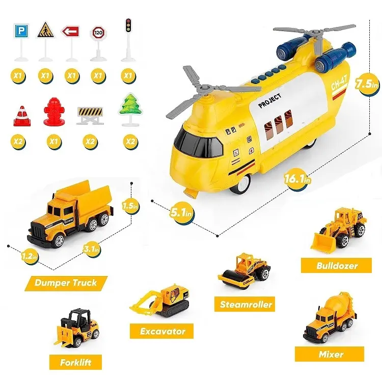 Elicottero ad attrito con suoni e luci 6 Mini veicoli da costruzione 15 segnali stradali stradali trasporto aereo giocattolo da carico