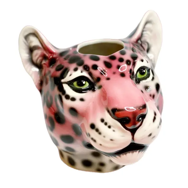 Vaso di fiori con testa di leopardo in ceramica personalizzato per la decorazione domestica vaso di fiori di leopardo rosa fioriera creativa con testa di animale