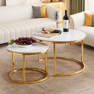 Contemporary Round Nesting Bent Black Gold Metal Side Glass Marble Stone Mdf Wood Coffee <strong>Table</strong> Nest of <strong>3</strong> <strong>Table</strong> <strong>Set</strong> Nesting <strong>Table</strong> - Product Image 3