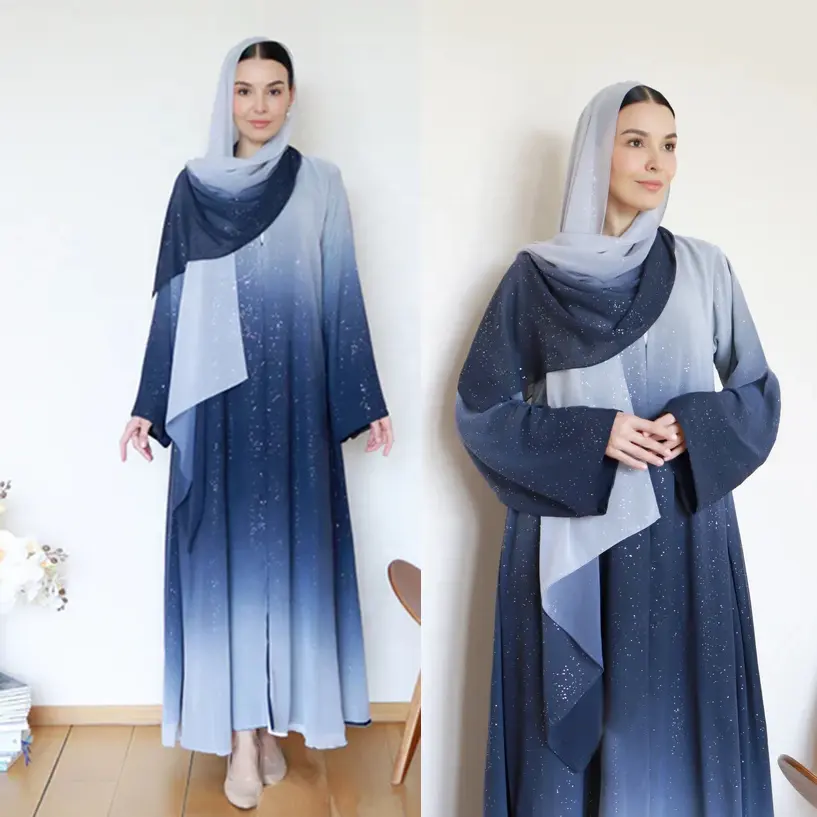 2024 Modest Luxury Dubai Abaya Turkish Women Muslim Dress Glitter Chiffon Kimono Tie Dye Najma Ombre Abaya Matching Hijab Set